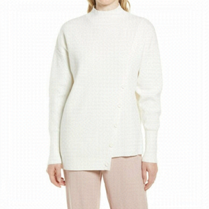 HALOGEN BNWT Sz Large Womens Ivory Ribbed Sweater New Mock Neck Button Detail